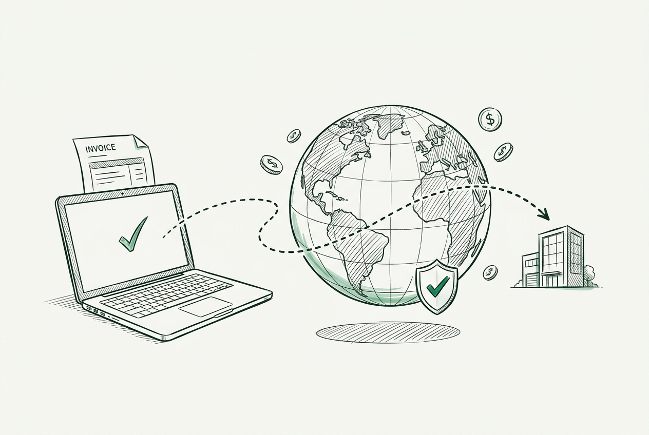 Desenho em tinta de uma invoice no computador conectada por uma rota global a um fornecedor no exterior, com verificação de segurança