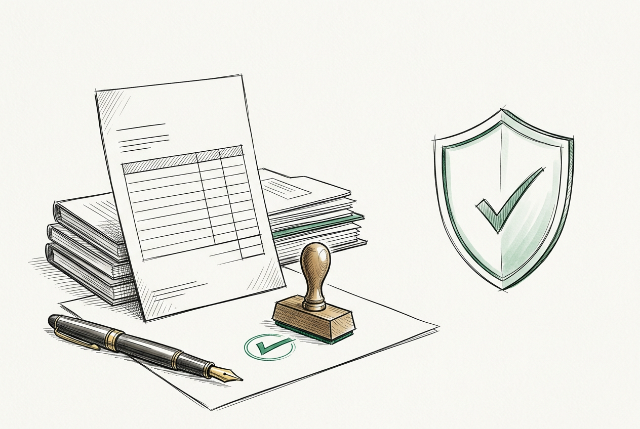 Ilustração em tinta de uma invoice, documentos e um selo de verificação, representando o cuidado com cada operação